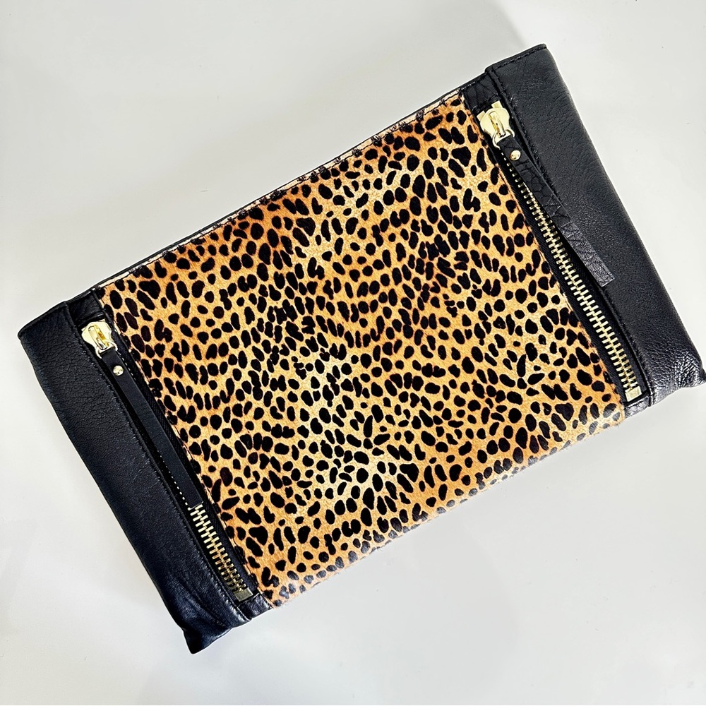 Leopard Print Clutch with Black Accents and Gold Hardware